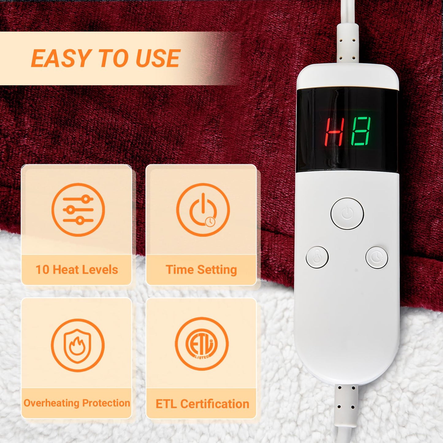 Electric Blanket Heated Throw, Soft Flannel Heating Blanket with 8 Hours Auto Off 10 Fast Heating Levels Machine Washable Sherpa Heated Blanket with Overheating Protection