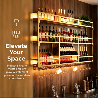 RAJYQODIS 59in Wall Mounted Wine Rack, Floating Industrial Liquor Glass Holder 3 Tiers, Large Metal Wine Bottle Display Rack Hanging Shelf, for Home Bar Dining Room Decorative