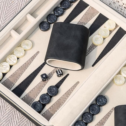 Backgammon Sets for Adults Classic Board Game with Folding Faux Leather Backgammon Case Portable Travel Backgammon Game Set (Black)