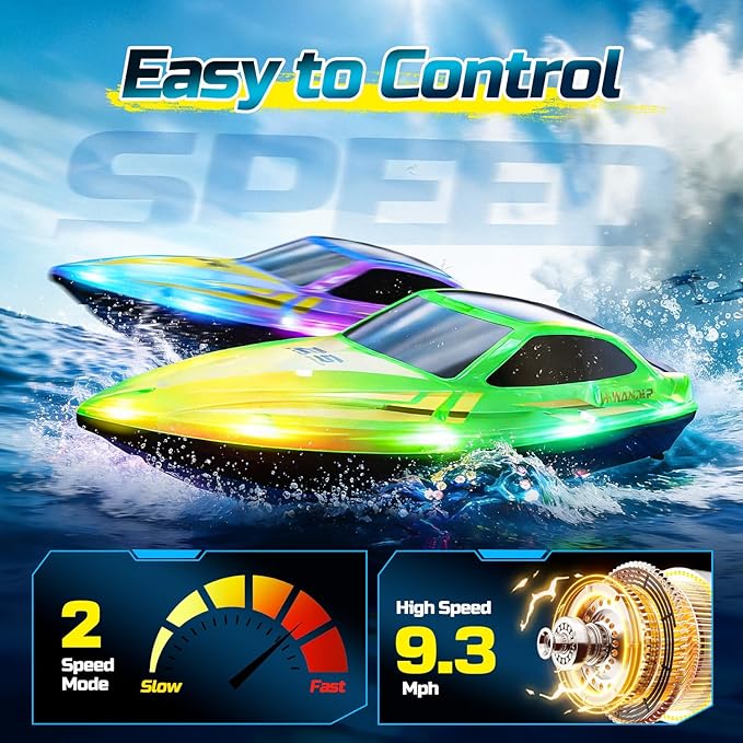 HOLYFUN Remote Control Boat for Kids &amp Adults 2.4GHz 9.3 Mph High-Speed RC Boat with Led Light 2 Battery(30 Mins Play) Summer Toys Boats for Water Pool &amp Lake