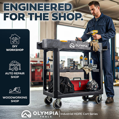 Olympia Tools Heavy Duty Utility Work Cart | 2 in 1 Convertible 3 Shelf to Flat Top Workstation | 660 lb Capacity, HDPE Frame, Ladder Hook, 4 Swivel Wheels | Tool Carts for Garage & Maintenance
