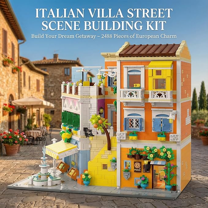 Italian Street View Building Blocks Set - 3-Story Pizza Shop &amp Lemon Store Modular Bricks with Fountain &amp Balcony Details 4017 Pieces for Adults &amp Teens Collectible Architecture Model Ki