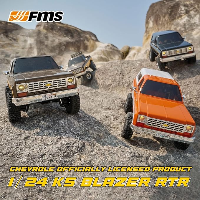 FCX24 FMS 1/24 K5 Chevy Blazer RC Crawler Officially Licensed Mini RC Car Pick Up Truck &amp SUV 2 in 1 4WD 8km/h 2 Speeds Switch Off-Road RC Model with LED Lights for Adults (Orange)