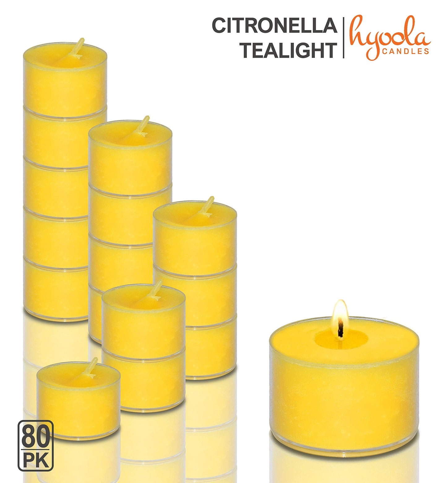 Hyoola Tealight Citronella Candles Outdoor, 8 Hour Burn Time - Indoor and Outdoor Mosquito, Insect and Bug Repellent Citronella Candle, Natural Fresh Scent, Decorative in Clear Cup (Pack of 80)