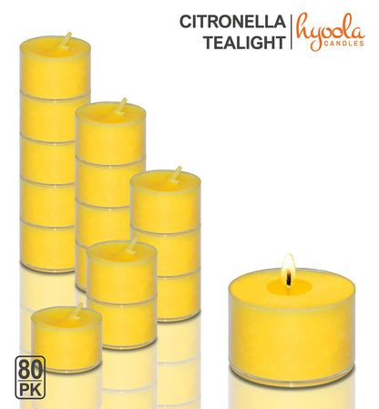 Hyoola Tealight Citronella Candles Outdoor, 8 Hour Burn Time - Indoor and Outdoor Mosquito, Insect and Bug Repellent Citronella Candle, Natural Fresh Scent, Decorative in Clear Cup (Pack of 80)