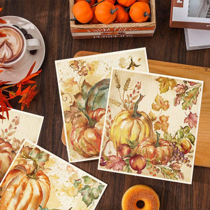 JarThenaAMCS 4Pcs Fall Swedish Kitchen Dishcloth Watercolor Pumpkin Cotton Kitchen Towel Absorbent Dish Towel for Autumn Thanksgiving Home Party Housewarming Cleaning, 7 x 8 Inch