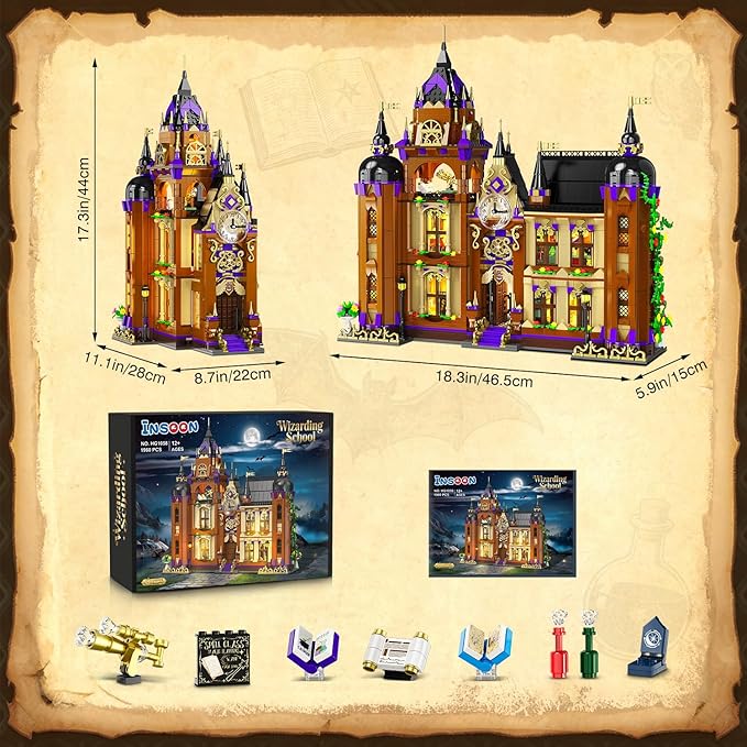 Magic School Building Set with Light Easter 3 Style Modes Big Castle House Construction Model with Potion Shop 1960 PCS Clock Tower Home Decor Building Blocks Gift for Adults Boys Girls 12+