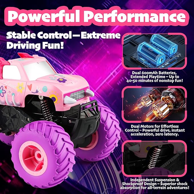 Threeking 1:16 Waterproof Pink RC Monster Truck Toys Amphibious Remote Control Car Pickup 4WD All-Terrain Toy Gift for Girls Ages 6 7 8 9 10 11 12 Durable Off-Road Fun for Indoor &amp Outdoor Play