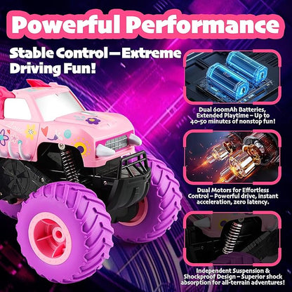 Threeking 1:16 Waterproof Pink RC Monster Truck Toys Amphibious Remote Control Car Pickup 4WD All-Terrain Toy Gift for Girls Ages 6 7 8 9 10 11 12 Durable Off-Road Fun for Indoor &amp Outdoor Play