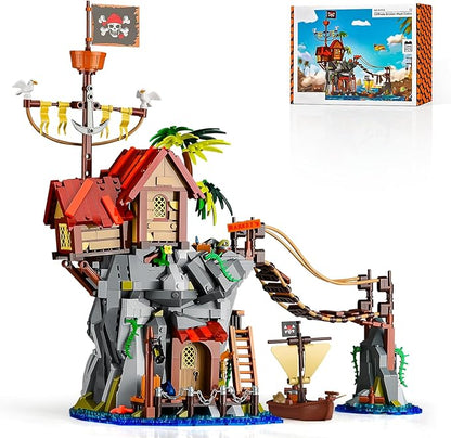 Pirate Cabin Building Sets for AdultsPirate's House with Bridge and Ship in IslandMedieval Castle Skull Building Block Toy for Home DecorIdeal Gift for Men Teens Kids Boys 8+(1044PCS)