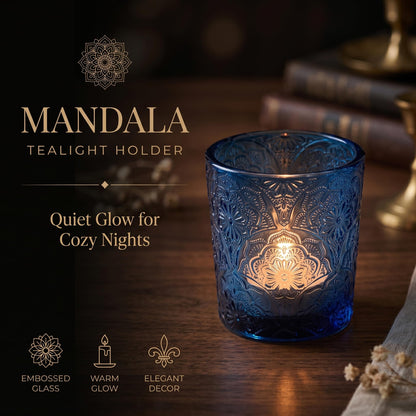 12 Pack Mandala Embossed Glass Candle Holders – Votive Tealight Holders with Patent Design, Decorative Embossed Glass Cups for Wedding Centerpieces, Parties, and Home Décor (Ocean Blue)