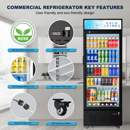 ECEVT 25.7'' W Commercial Refrigerators with Glass Door, 15 Cu.ft. Beverage Refrigerators Commercial Fridge Upright Display Cooler with Soft LED Light and Adjustable Shelves for Restaurant Stores