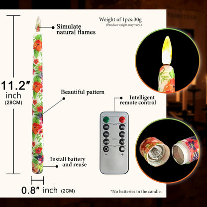 FCMSHAMD 6PCS Tropical Flower Flameless Taper Candles, 11 Inch LED Candlesticks Battery Operated with 11-Key Remote and Timer, 3D Flickering Flame Lights for Wedding Party Home Decor Gifts