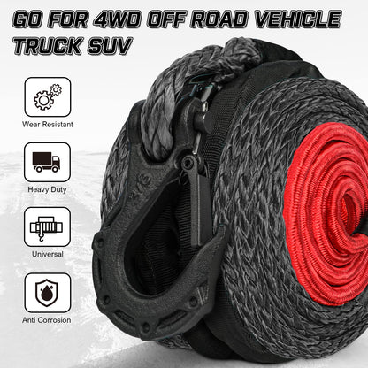 X-BULL Synthetic Winch Rope - Cable Kit -1/2" X 85ft 32000LBS Winch Line with Protective Sleeve Forged Winch Hook Safety Pull Strap go for 4WD Off Road Vehicle Truck SUV ATV UTV- Black