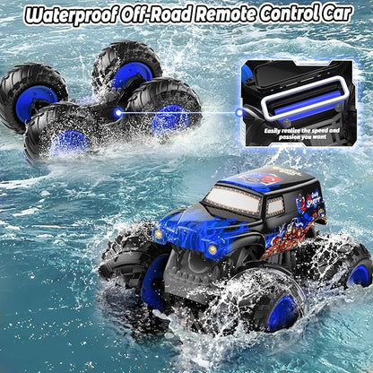 1:14 Waterproof Remote Control Car Front &amp Rear Wheelie Monster Truck Amphibious RC Truck with 2 Sets of Rechargeable Batteries and AAA Batteries 4WD Off-Road Vehicle for Kids Ages 6-12