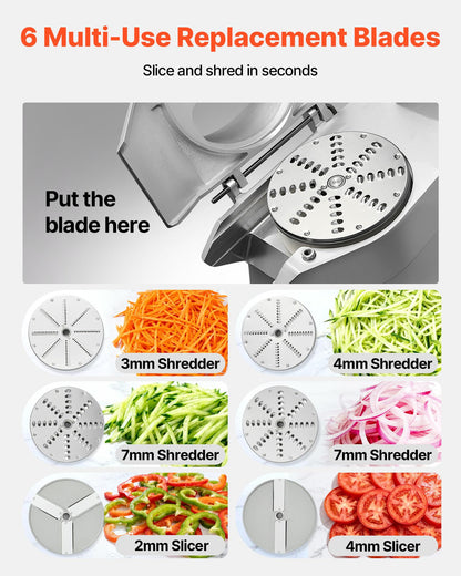 VEVOR Commercial Food Processor 2 Feeding Holes, 550W Electric Vegetable Slicer 1600 RPM, Stainless Steel Vegetable Processor Detachable 6-blades, 3mm/4mm/7mm Shred, 2mm/4mm Slice