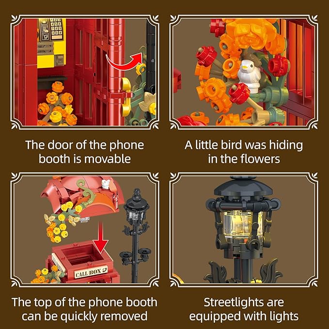 Red London Telephone Box Building Blocks Set for AdultsIdeas Flowers Phone Booth Mailbox and streetlightsCreative Gift Home Office Retro Decor
