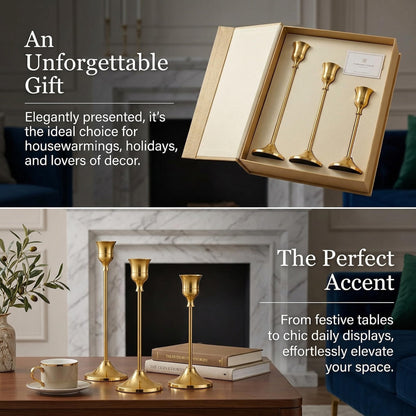 SylvaCraft Brass Gold Candle Holders Rustproof Taper Candlestick Holders for Holiday Party Table Centerpiece Wedding Fireplace Mantel Housewarming Gift(4 Sets(12 Pcs))