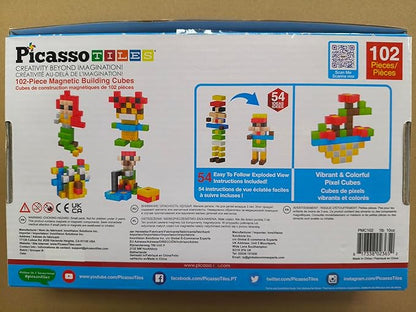 PicassoTiles 102pcs Pixel Magnetic Puzzle Cube 1” Pixel Mix &amp Match Toys with Ideabook STEM Education Learning Building Block Magnets Construction ToySet Stacking Creative Kit for Kids Age 3+ PMC1
