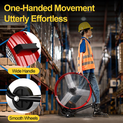 Uthfy 8800CFM Heavy Duty Industrial Drum Fan, 24 Inch High Velocity Floor Fan with 360° Tilt,2 Casters,Handle,3 Speeds 320W Garage Fan for Shop,Patio,Yard,Commercial,Workshop,Factory