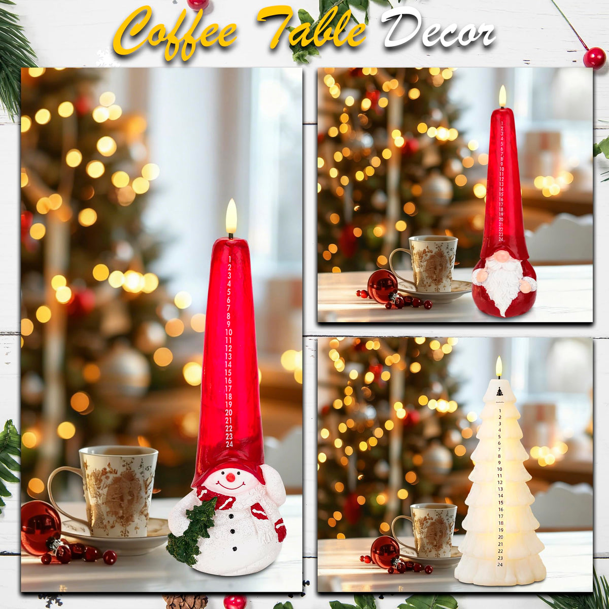 Flameless Christmas Countdown Candles with Remote, 3D Flickering Flame Snowman Battery Operated LED Advent Calendar Candle, 24-Day Automatic Countdown Electronic Candle, Christmas Decoration for Home