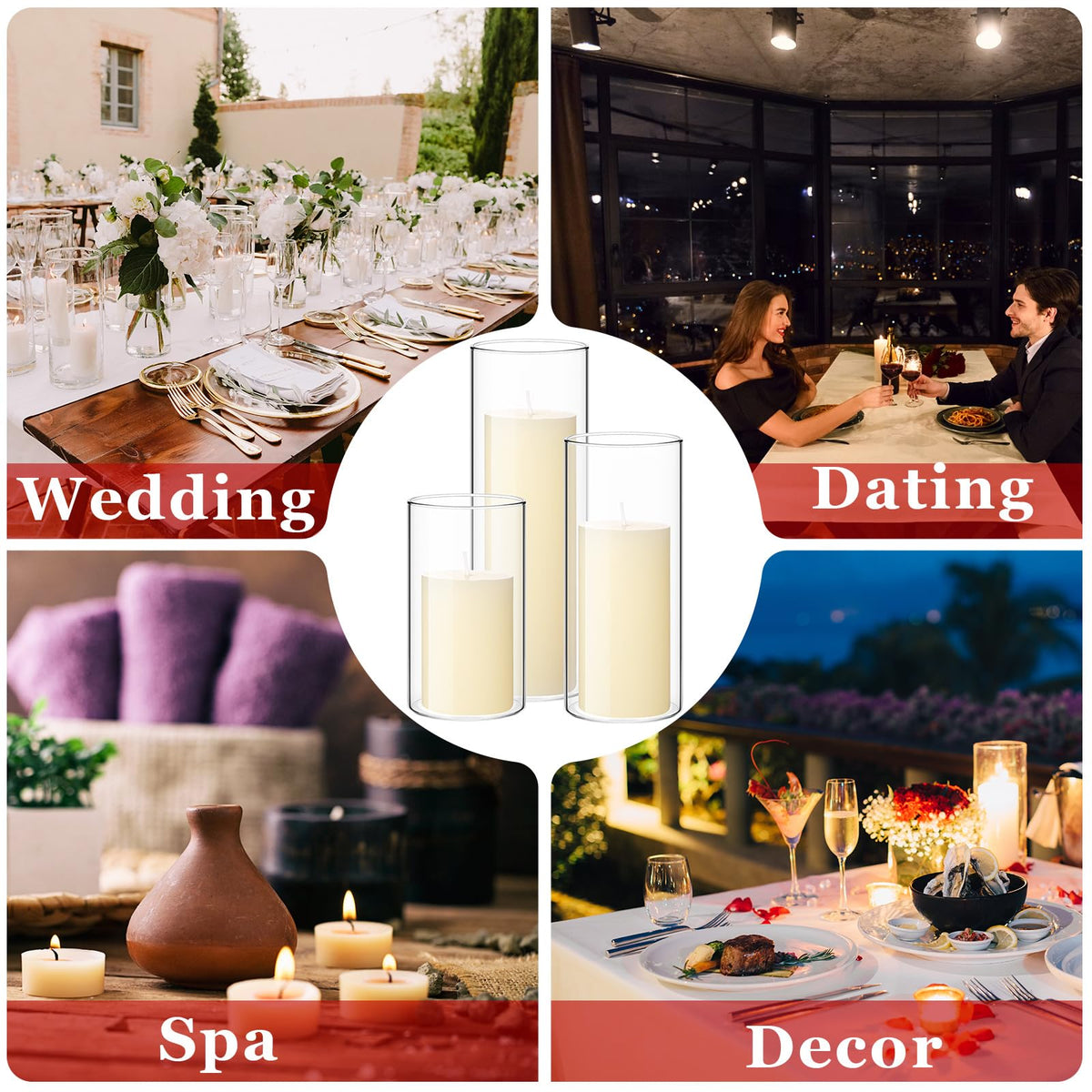 Shihanee Set of 12 Pillar Candles and Glass Cylinder Vases Clear Cylinder CandleHolders for Slim Pillar Candles Wedding Centerpieces(2.6''x 4.7'', 5.9'', 7.9'',Ivory White)