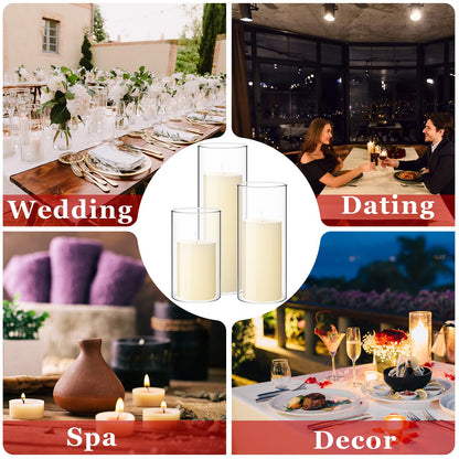 Shihanee Set of 12 Pillar Candles and Glass Cylinder Vases Clear Cylinder CandleHolders for Slim Pillar Candles Wedding Centerpieces(2.6''x 4.7'', 5.9'', 7.9'',Ivory White)