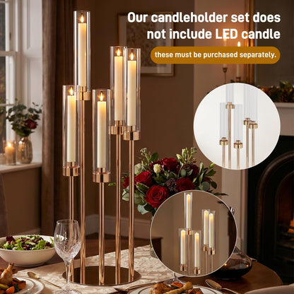 10PCS Gold Candelabra Centerpieces, 42.5in 5 Arm Gold Candle Holder with Acrylic Lampshade, Perfect for Wedding, Birthday, Holiday & Party Decor, Fits 0.9" LED Taper Candles