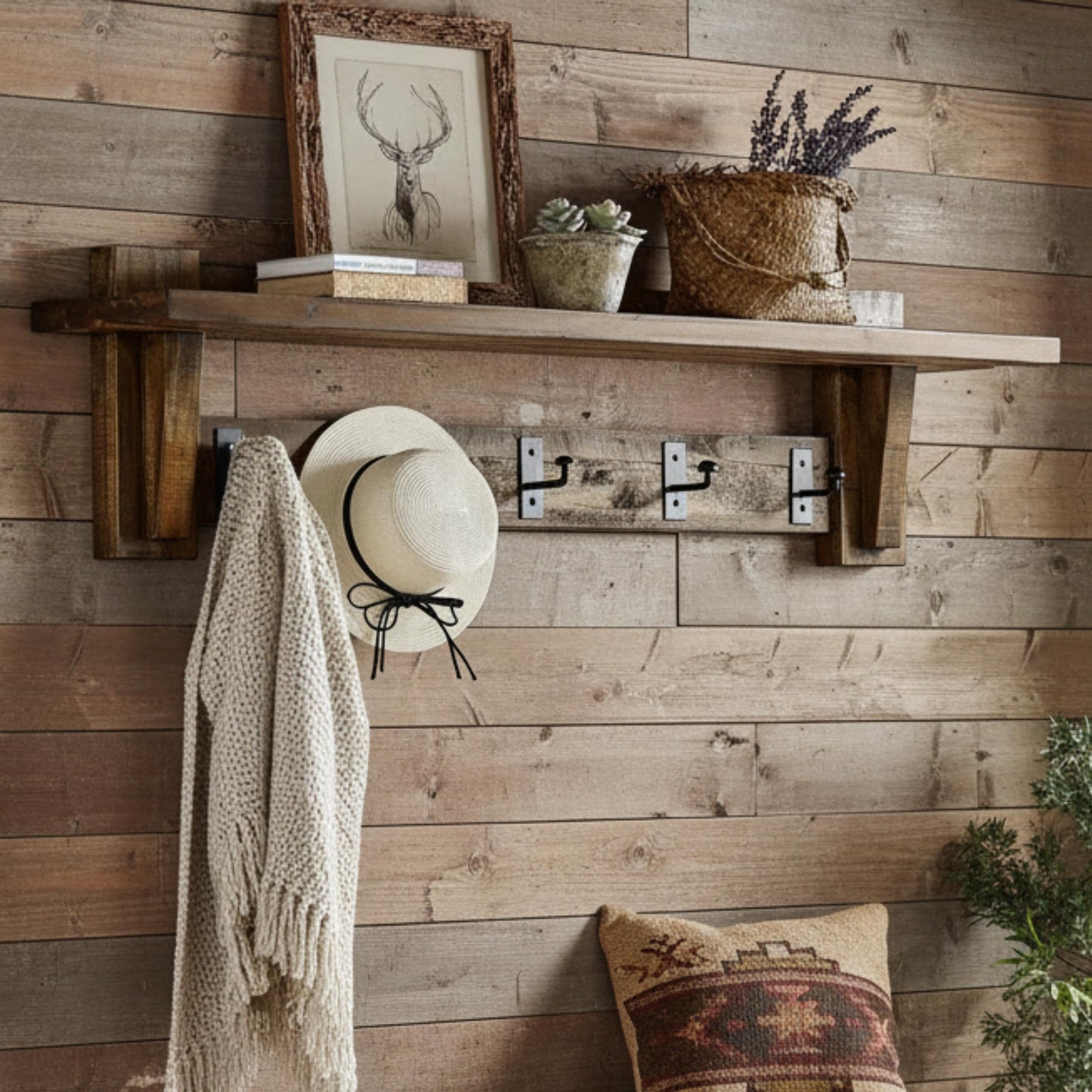 Alaterre Furniture Durango 60 Inch Solid Wood Entryway Organizer - Rustic Industrial Farmhouse Wall Mounted Coat Rack with Shelf and 5 Black Metal Hooks for Mudroom, & Living Room (Natural)