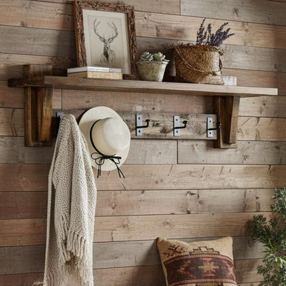 Alaterre Furniture Durango 60 Inch Solid Wood Entryway Organizer - Rustic Industrial Farmhouse Wall Mounted Coat Rack with Shelf and 5 Black Metal Hooks for Mudroom, & Living Room (Natural)