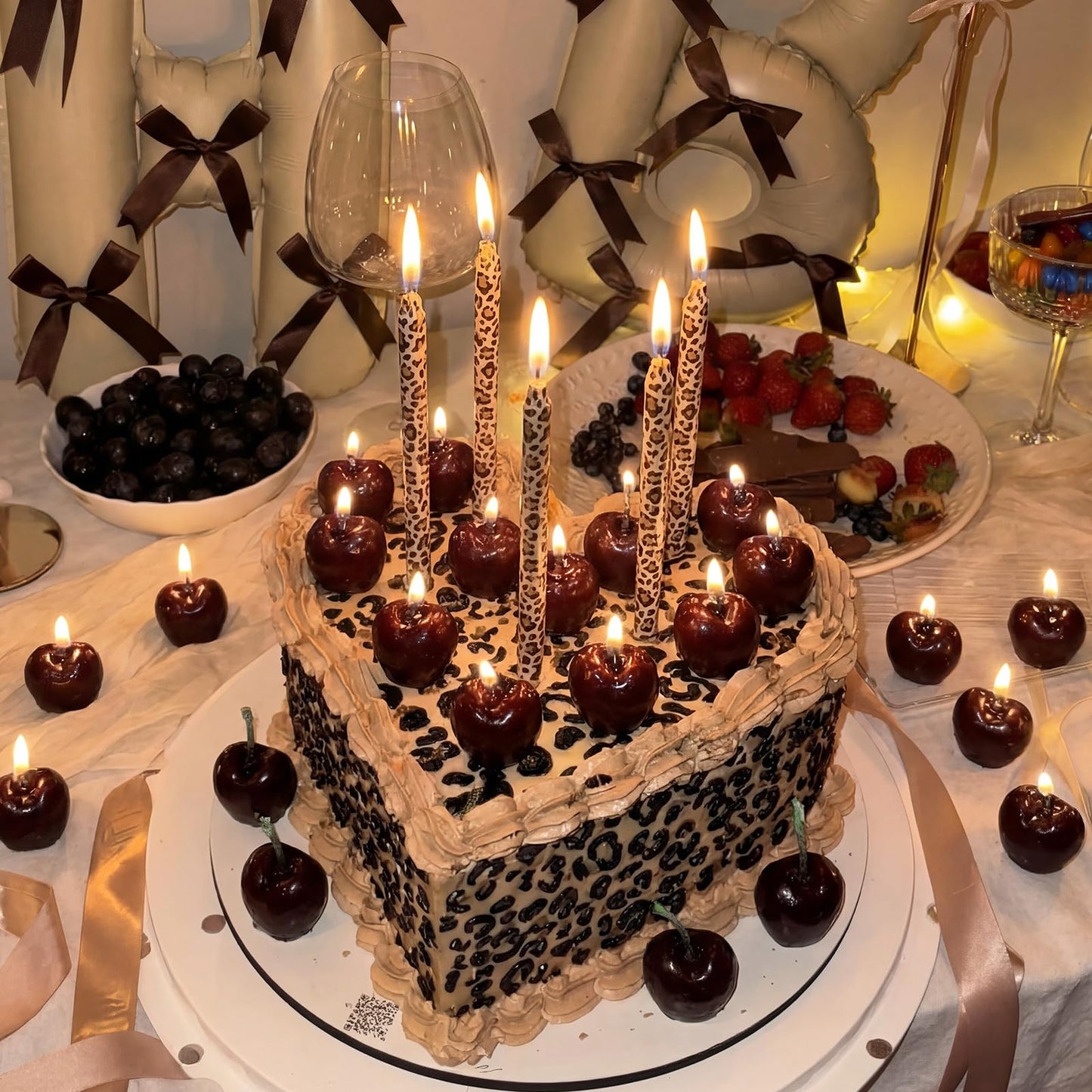 Conelist 18 Pcs Cheetah Cherry Birthday Candles Cute Cherry Shaped & Leopard Taper Cake Candles Decoration Cupcake Topper Decor for Birthday Bachelorette Wedding Party Supplies
