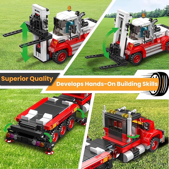 Mould King Trailer Toy Building Block Realistic American Style Semi Truck Model Building Sets for Boys Girls Ages 8+ 24079 STEM Toy with Forklift Truck Collectible Model for Adults (906 PCS)