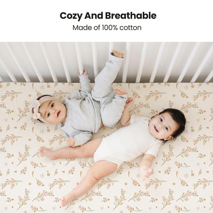 Konssy Muslin Crib Sheets for Girl Boy, 2 PCS Soft and Breathable Cotton Baby Sheets for Standard Crib Mattress, 52"x 28" (Floral, Pink)
