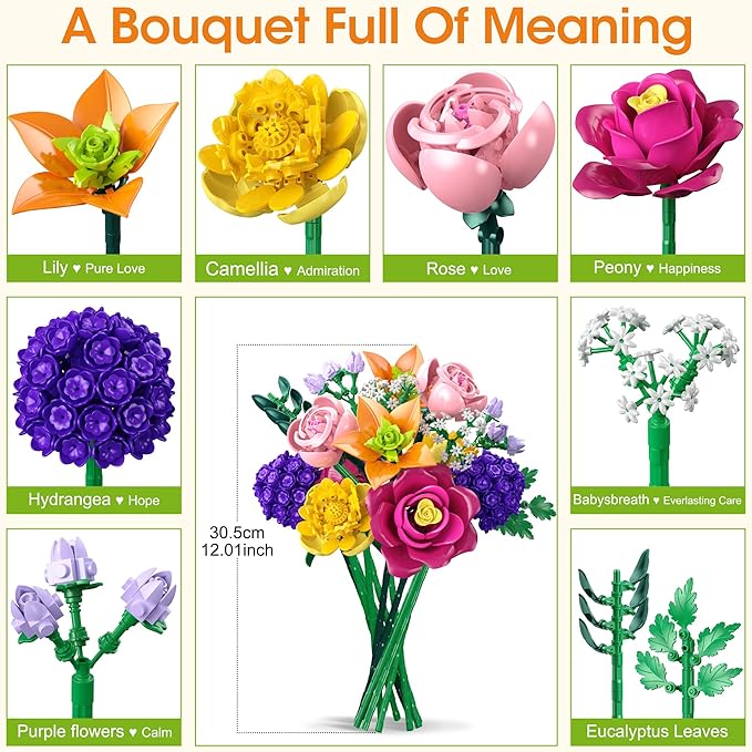 zinat Flower Building Blocks Set 933PCS Aesthetic Botanical Construction Kit DIY Artificial Flower Decor Home Desk Decor Elegant Home Display for Women and Girls Ages 8+