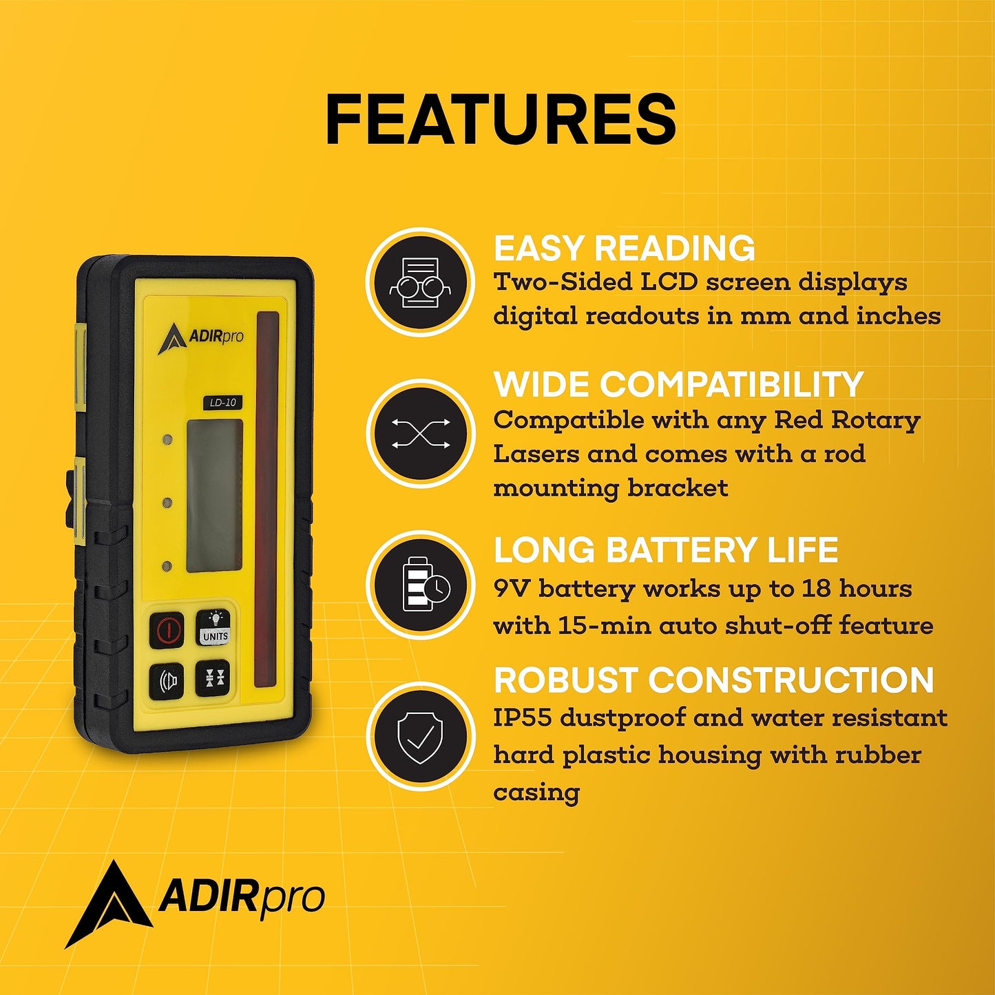Adir Universal Rotary Laser Detector with Rod Clamp, Digital Laser Receiver with Dual LCD Display for Adir, Spectra, Leica, and Other Top Brand Rotary Red Lasers, 300m Range (LD-10)