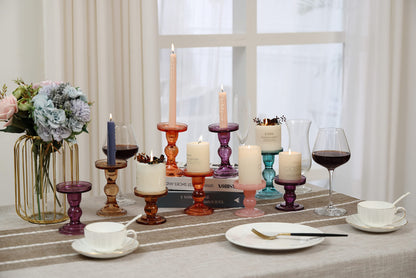 GMWD 3 Pcs Glass Candle Holder Set Clear, Purple Candlesticks Holders Pillar Taper Candles Tealight Stand for Wedding Centerpieces Home Decorations Dining Table