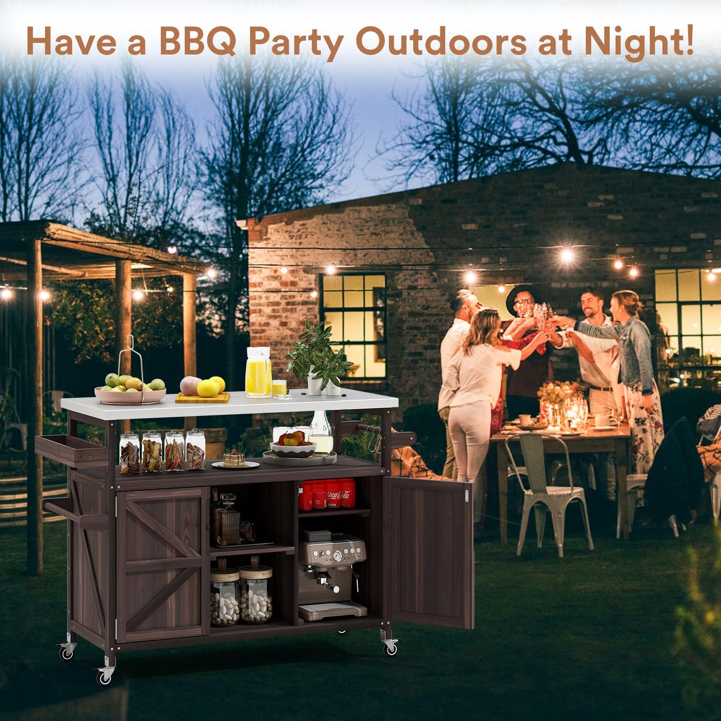 Zevemomo Outdoor Grill Cart with Storage Space, Stainless Steel Tabletop Outdoor Kitchen Island, Fir Wood Outdoor Buffet Cabinet with Lockable Casters for Grilling, Brown