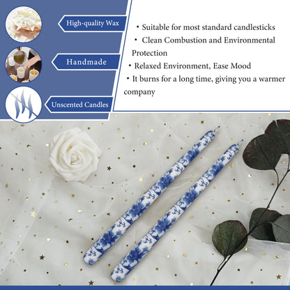 Blue and White Printed Candles Unscented Candlesticks 10 inch Hight Candle 2 PCS Handmade Taper Candle for Home Wedding Dinner Holiday Party