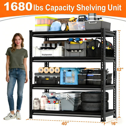 Huhaneon Metal Garage Shelving for Storage - 40'' W 1,680 Lbs Heavy Duty 4 Tier Utility Shelves Freestanding - Adjustable Rack Units for Basement Pantry Kitchen - 40" W x 16" D x 62" H Black