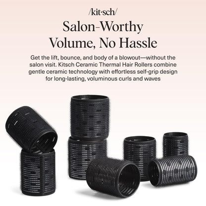 Kitsch Ceramic Thermal Hair Rollers for Women – Self Grip Hair Curlers for Heatless Curls Overnight - Volumizing Large Rollers for Short & Long Hair - For Long Lasting Frizz-Free Curls - Black, 8pcs