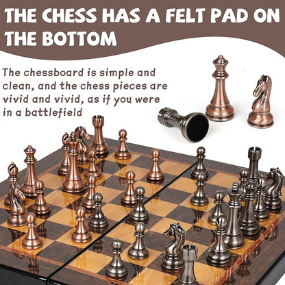 Luxury Metal Chess Set with 15 Inch Wooden Chess Board | Weighted Metal Chess Pieces | 2 Extra Queens | Professional &amp Tournament Style Chess Set for Adults | Elegant Game Room &amp Office Decor