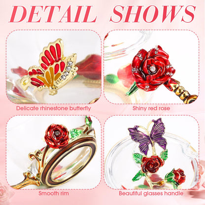 Nuanchu 4 Sets Flower Glass Tea Cups with Lids and Spoon Butterfly Vintage Glass Coffee Mugs Floral Fancy Clear Teacup for Mother Day Women Mom Wife Girlfriend(Red,11 Oz,12 oz)