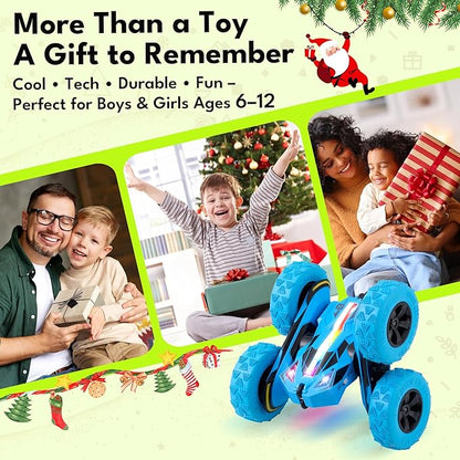 Threeking New Remote Control Car RC Flip Stunt Double Sided Driving Cars Toys for Boys Girls Ages 6-12 USB-C Modular Batteries 4WD 360° Flips with Breathing Soft Lights Presents Gifts Blue