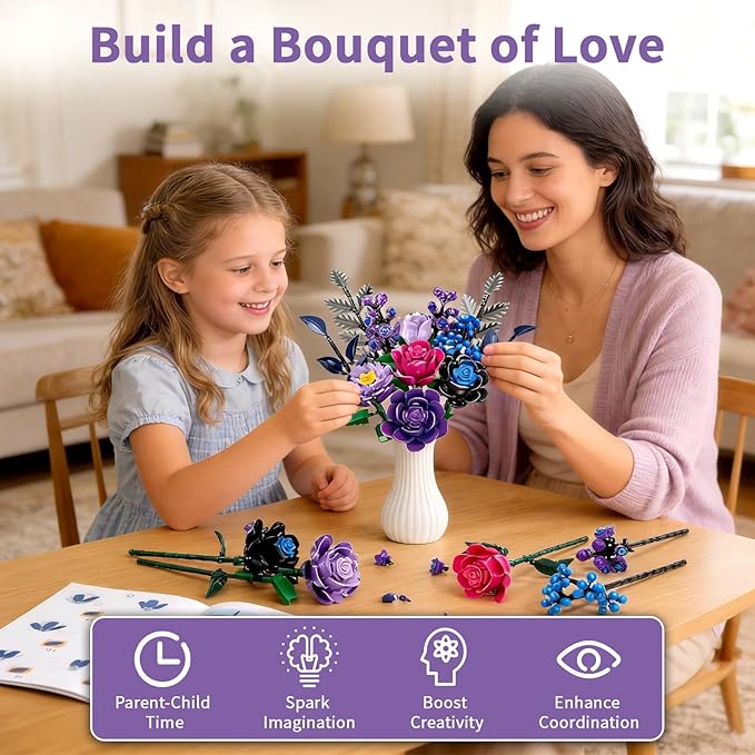 759 Pcs Purple Rose Flower Bouquet Building Set Botanical Collection Kit Artificial Fake Flowers Blocks Home Table Decor Aesthetic for Valentine's Day Birthday DIY Craft Floral Gift Without Vase