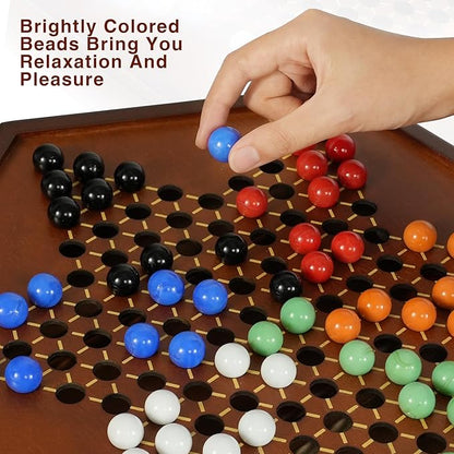 Chinese Checkers 15 x 13 Large Wooden Checkers Board Game Includes 16mm 60+12 Colorful Glass MarblesClassic Strategy Family Board Game for AdultWalnut