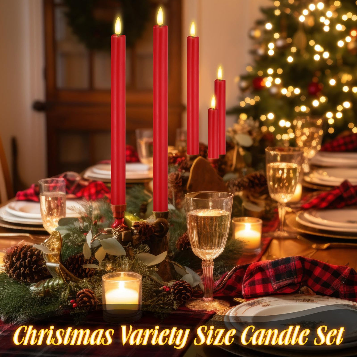 Rossesay 20 Pcs Flameless LED Taper Candles Battery Operated Taper Candles 5 Sizes of 6.5'', 7.7'', 8.8'', 10.0'', 11.2'' Flameless Candlesticks Flickering with 3D Flame for Wedding (Red)