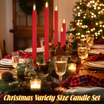 Rossesay 20 Pcs Flameless LED Taper Candles Battery Operated Taper Candles 5 Sizes of 6.5'', 7.7'', 8.8'', 10.0'', 11.2'' Flameless Candlesticks Flickering with 3D Flame for Wedding (Red)