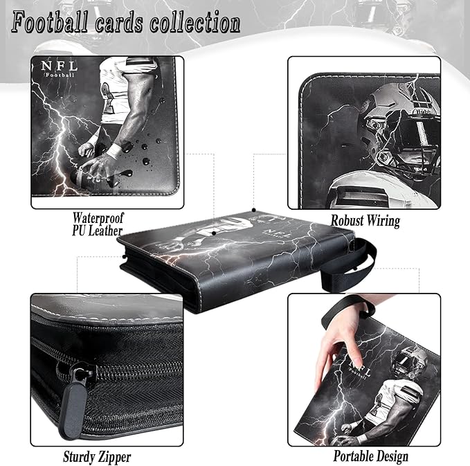 Football Card Binder 900 Pockets Trading Card Binder 9 Pocket with 50 Removable Sleeves Fits 900 Sport Cards 3 Ring Card Holder Binder with Zipper Collector Storage Album