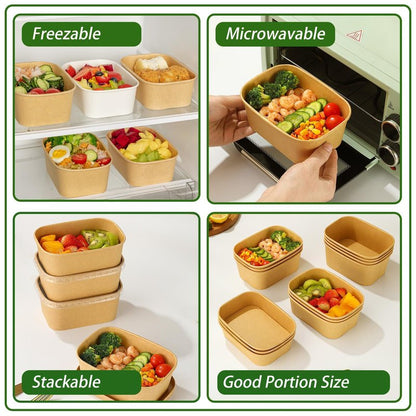 DI QIU REN 50-Pack 25oz Paper Bowls, Disposable Food Containers with Lids and Forks, Cardboard Meal Prep Containers for Diet Salad, Pasta (kraft Paper Rectangular, 25oz 50 Count)