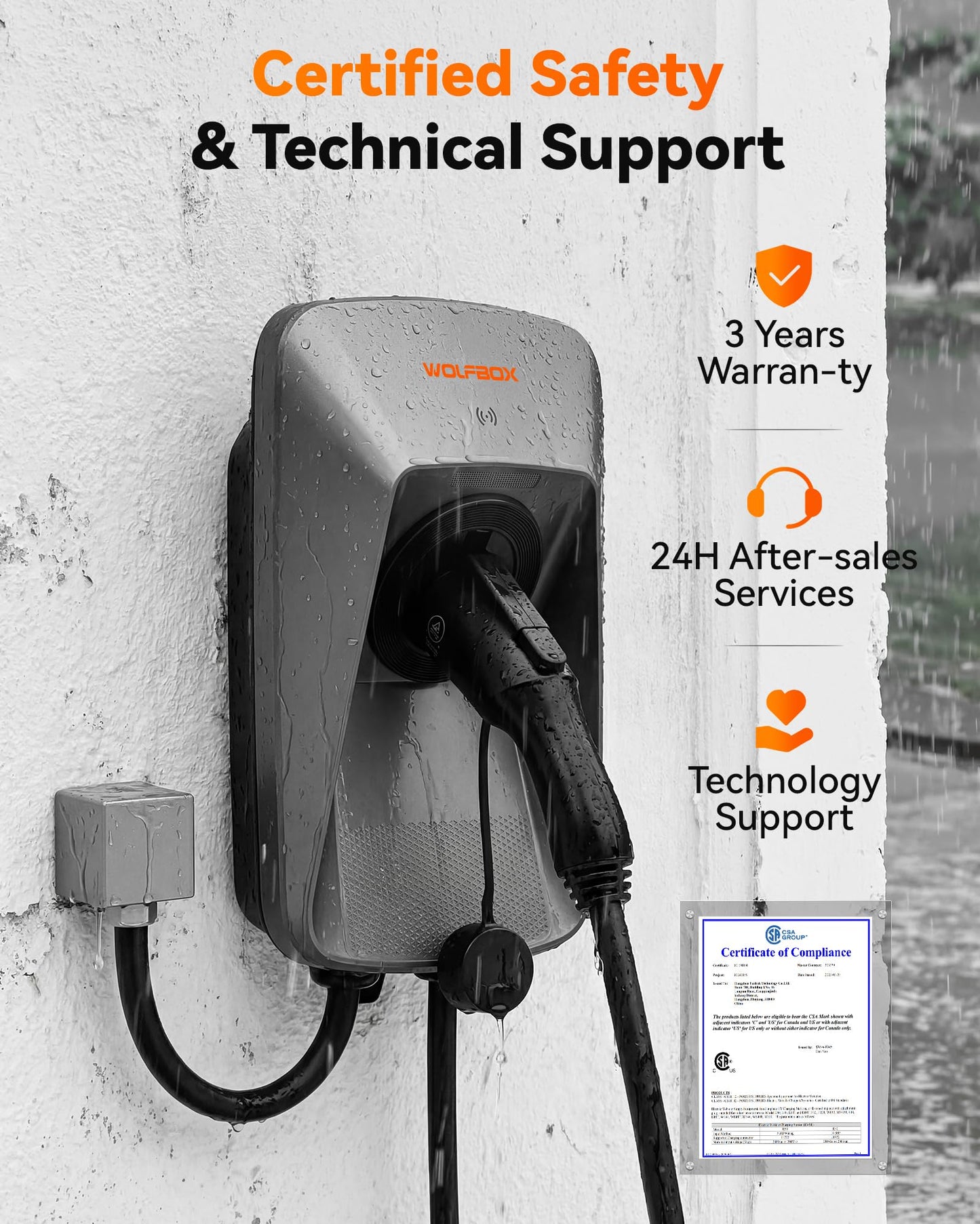 WOLFBOX Level 2 EV Charger 50 Amp J1772,Hardwired EV Charger Level 2 with NEMA 14-50 Plug 25ft Cable,Indoor/Outdoor,Smart APP&RFID Card Control,240V Electric Car Charger for Electric Automobile(WE50)
